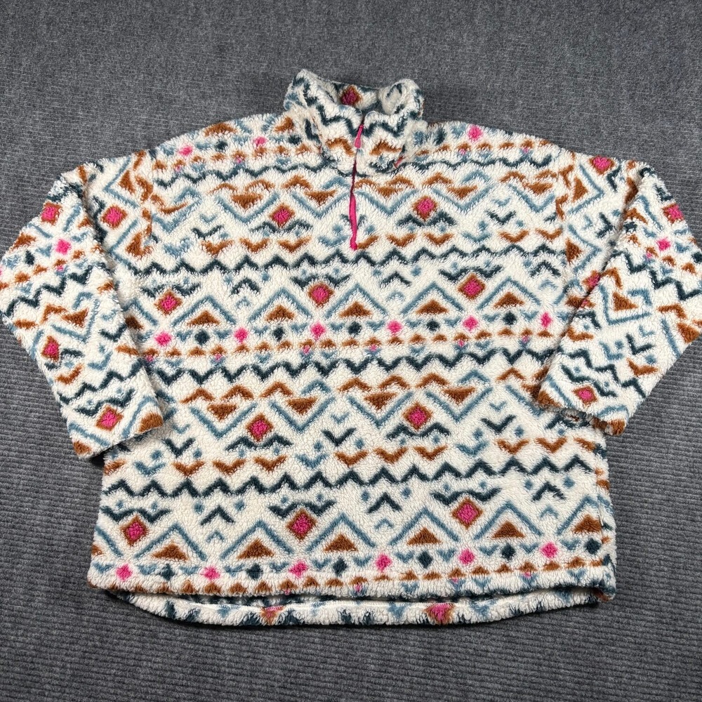 Eddie Bauer Fleece Pullover Womens XXL White Aztec Excellent Sherpa 1/4 Zip